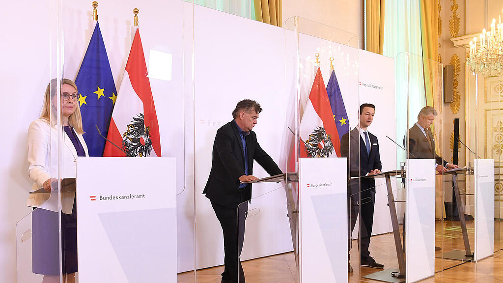 Pressefoyer, Schramböck, Kogler, Blümel, Bartos