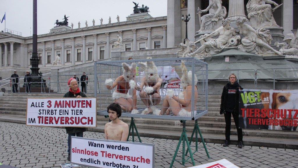 Tierschützerinnen protestieren nackt vor Parlament (Käfige)