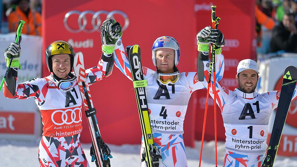 V.l.: Marcel Hirscher (2. Platz/AUT), Alexis Pinturault (1.Platz) und Thomas Fanara (3.PLatz) nach dem RTL in Hinterstoder.
