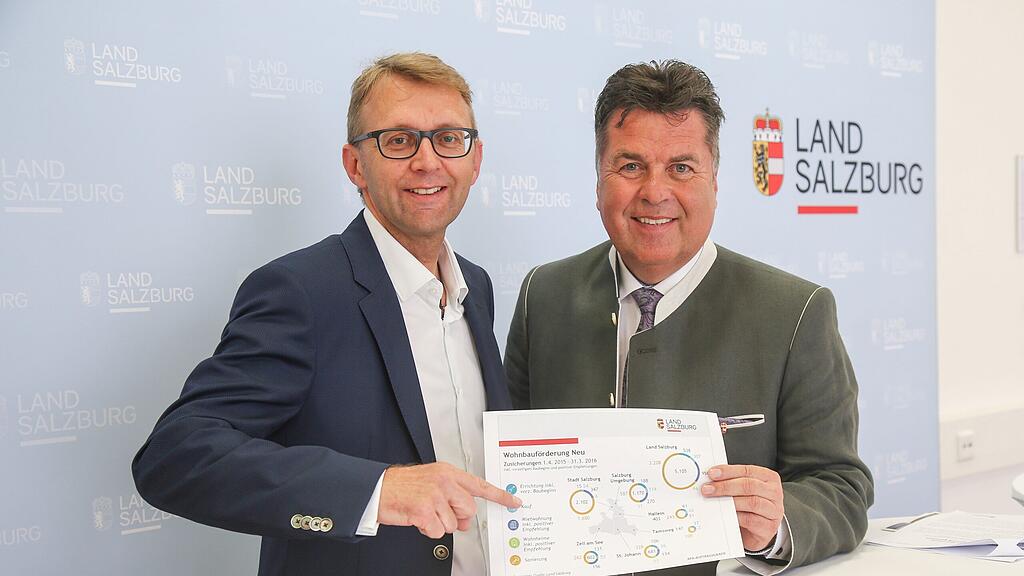 Im Bild v.l.: Herbert Rinner (Leiter Stabstelle Wohnen und übergeordnete Wohnbauangelegenheiten) und Landesrat Hans Mayr