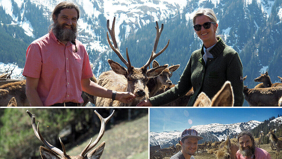 Wir haben Hirschflüsterer Thomas Tscherne (rosa Hemd) bei der Wildtierfütterung im Angertal besucht.
