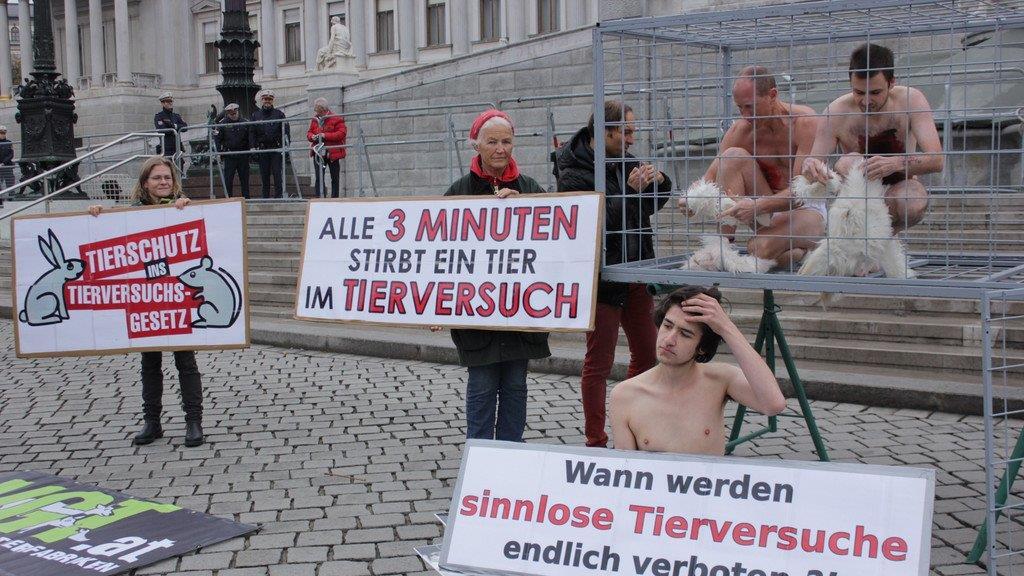 Tierschützerinnen protestieren nackt vor Parlament (Käfige)