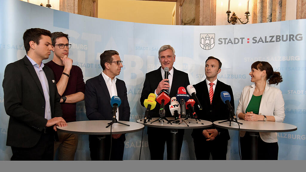 BÜRGERMEISTERWAHL IN SALZBURG DIE SPITZENKANDIDATEN RÖSSLHUBER (NEOS), DANKL (KPÖ), REINDL (FPÖ), PREUNER (ÖVP), AUINGER (SPÖ), BERTHOLD (BÜRGERLISTE) =.jpg