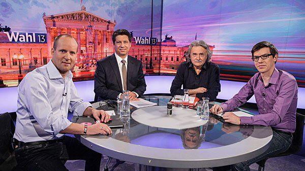 (v.l.) Matthias Strolz von den NEOS, Moderator Hans Bürger, Mirko Messner von der KPÖ und Mario Wieser von der Piratenpartei im Rahmen der "Diskussion der Kleinparteien" im ORF