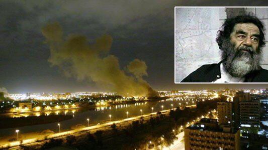 Archivbilder: Die ersten Bomben treffen Bagdad - klein im Bild: Saddam Hussein kurz nach seiner Gefangennahme im Dezember 2003.