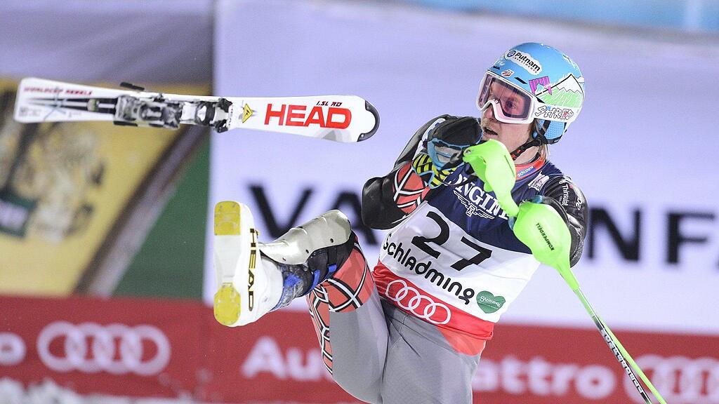 TEd Ligety jubelt nach seinem Slalom-Lauf der in zu seinem zweiten WM-Gold in Schladming führte.