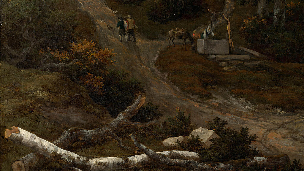Residenzgalerie Salzburg, Inv.-Nr. 670 Jacob Isaacksz. van Ruisdael, Hügelige Waldlandschaft mit Falkner und Reiter - Detail Baumstämme.jpg