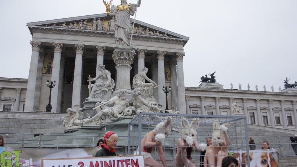 Tierschützerinnen protestieren nackt vor Parlament (Käfige)