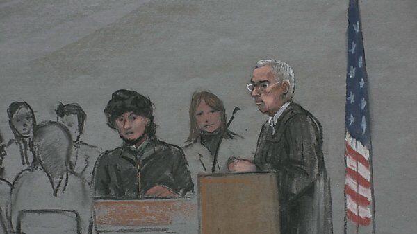 Gerichtszeichnung des Angeklagten bei der Auswahl der Geschworenen