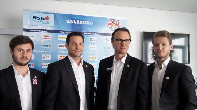 Daniel Jakubitzka, Daniel Welser, Headcoach Greg Poss und John Hughes (v.l.n.r.) standen beim Medientermin Rede und Antwort.