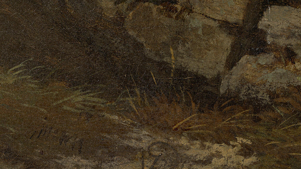 Residenzgalerie Salzburg, Inv.-Nr. 670 Jacob Isaacksz. van Ruisdael, Hügelige Waldlandschaft mit Falkner und Reiter - Detail Signatur.jpg