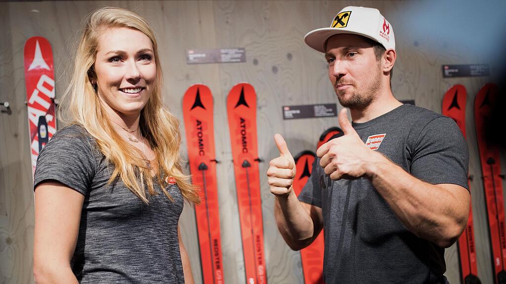 Die Ski-Stars Mikaela Shiffrin und Marcel Hirscher beim diesjährigen Atomic Medientag.