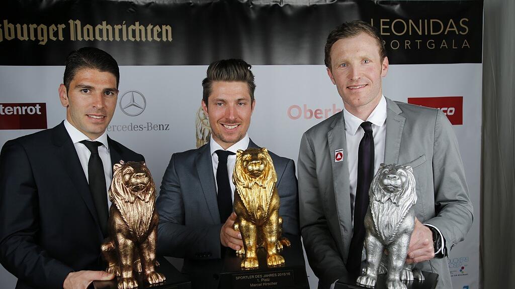 Soriano (li.), Hirscher und Eder (re.) strahlen bei der Leonidas-Gala um die Wette.