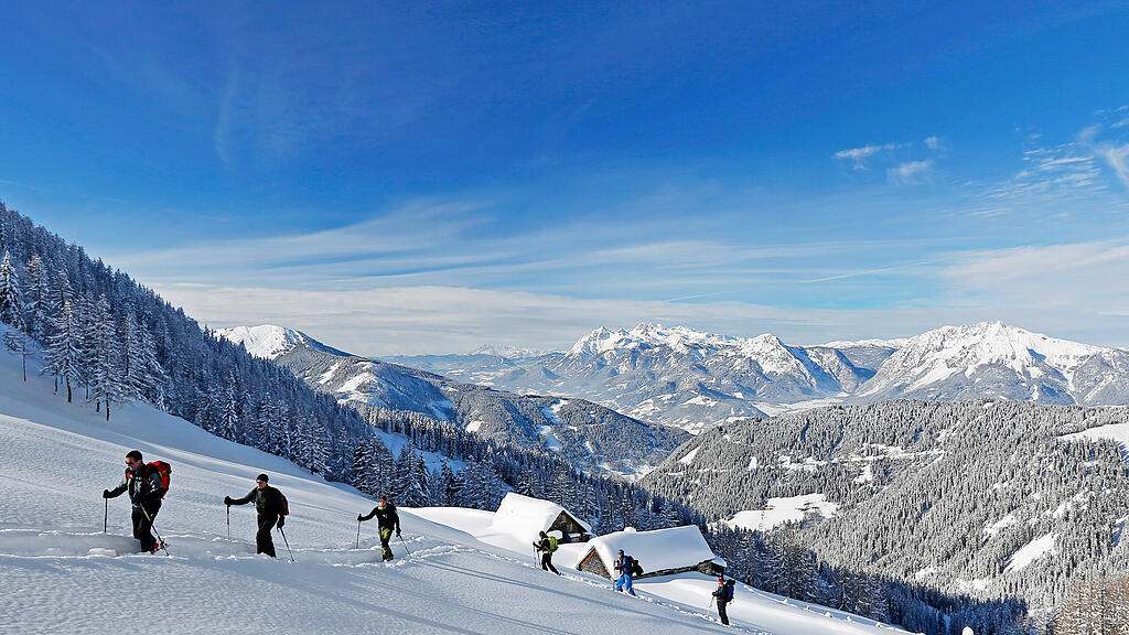 Weg zum Gumpeneck (Steiermark), im Hintergrund das Dachsteinmassiv