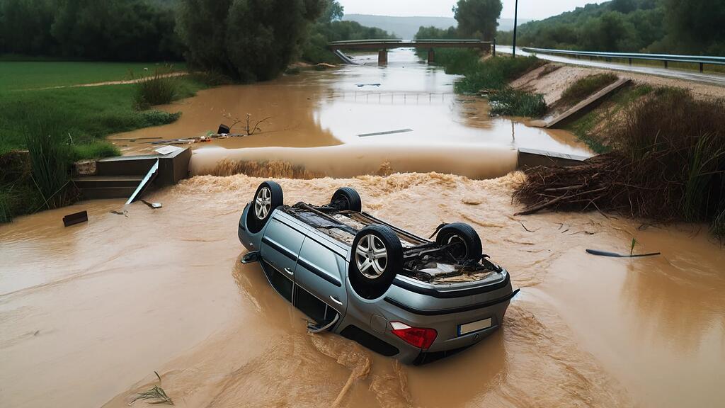 DALL·E 2024-06-02 15.45.48 - A flood-swollen creek with muddy water, showing signs of recent heavy rainfall. In the creek, there's a car overturned on its roof, partially submerge.webp