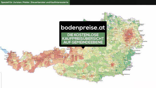 Auf einer interaktiven Karte stellt die Plattform Bodenpreise.at die Baulandpreise in Österreich dar.