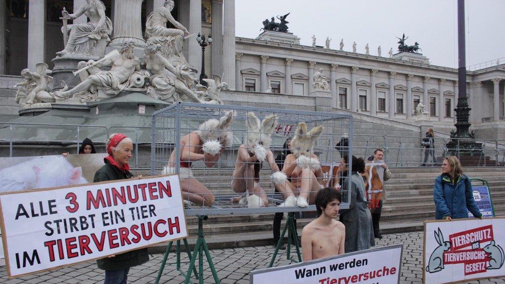 Tierschützerinnen protestieren nackt vor Parlament (Käfige)