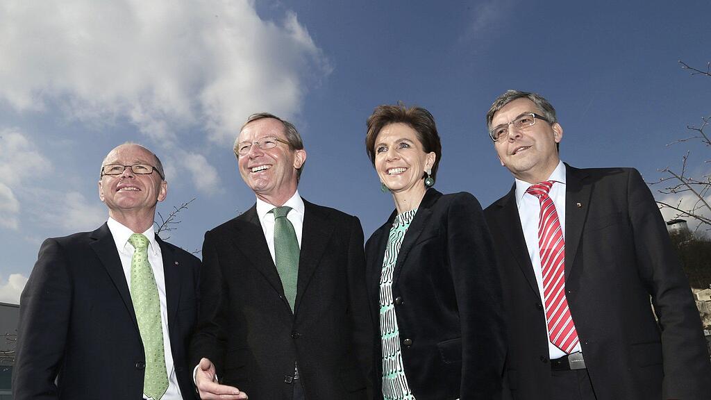 LAbg. Christian Stöckl, Salzburgs LH-Stv. und ÖVP Landeschef Wilfried Haslauer, Abgeordnete Brigitta Pallauf und Josef Schwaiger am Freitag im Rahmen einer Pressekonferenz der ÖVP Salzburg und der "Präsentation des künftigen ÖVP-Regierungsteams" in Salzburg.