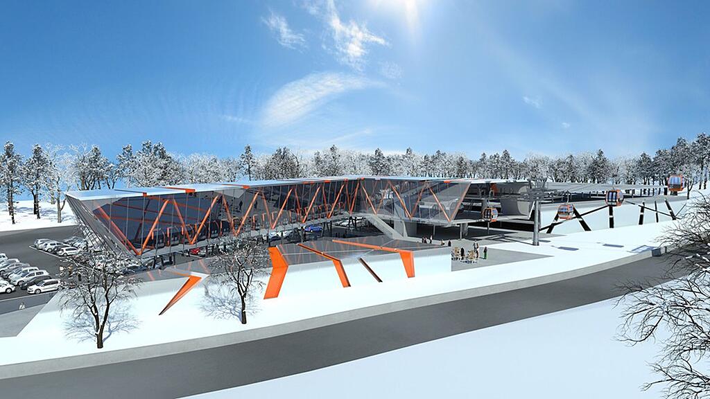 3D-­Entwurf der neuen multifunktionalen Talstation der Architekten Innerhofer oder Innerhofer.