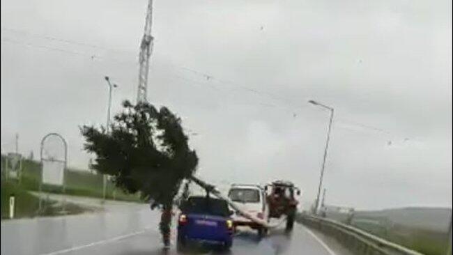 Die Truppe drängte sich mit ihrem VW-Bus zwischen Traktor und Kleinwagen.